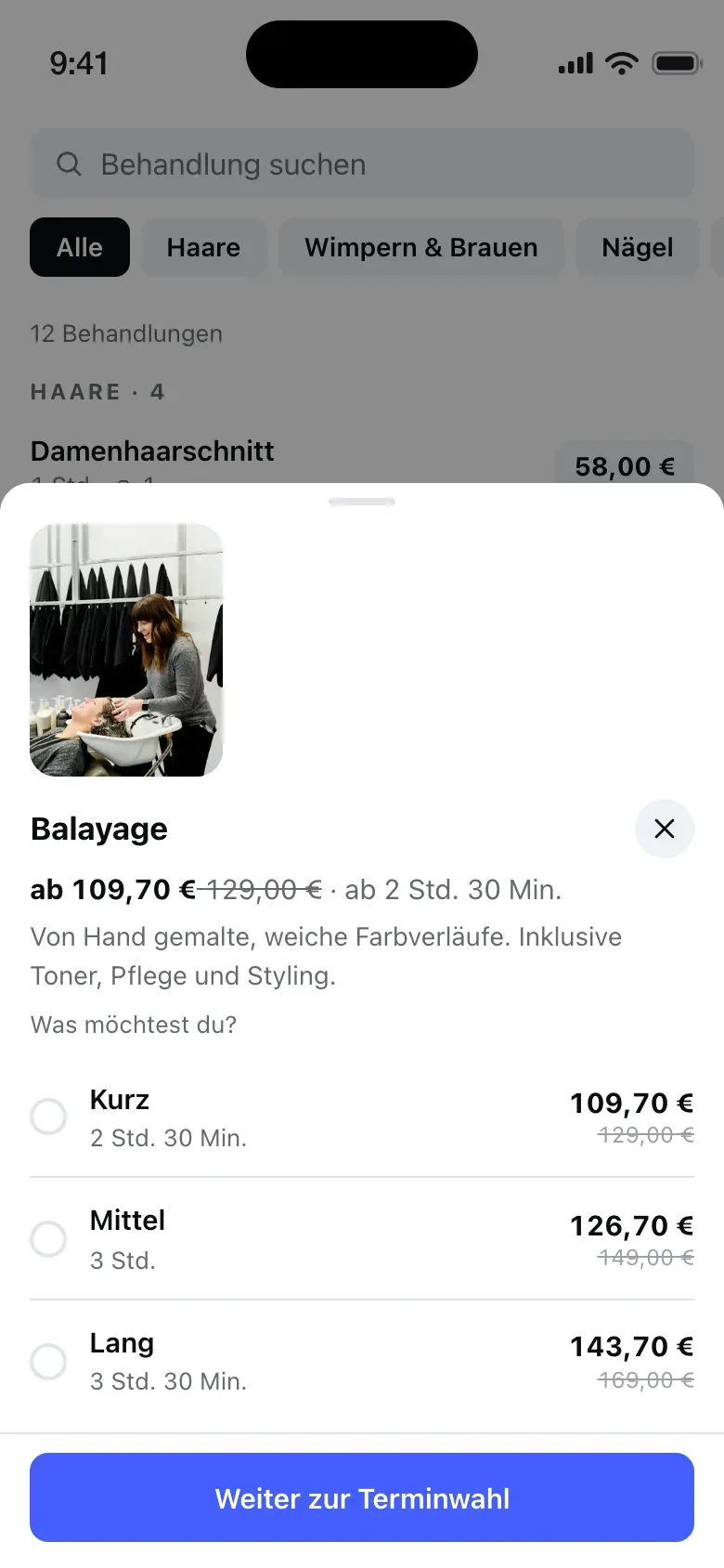Behandlung wählen und Zeit buchen