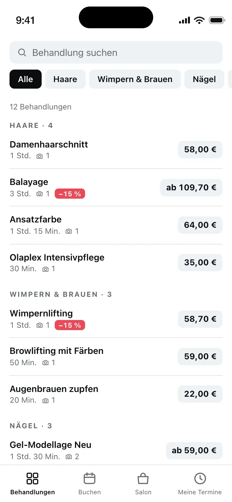 Buchungsseite mit Behandlungen