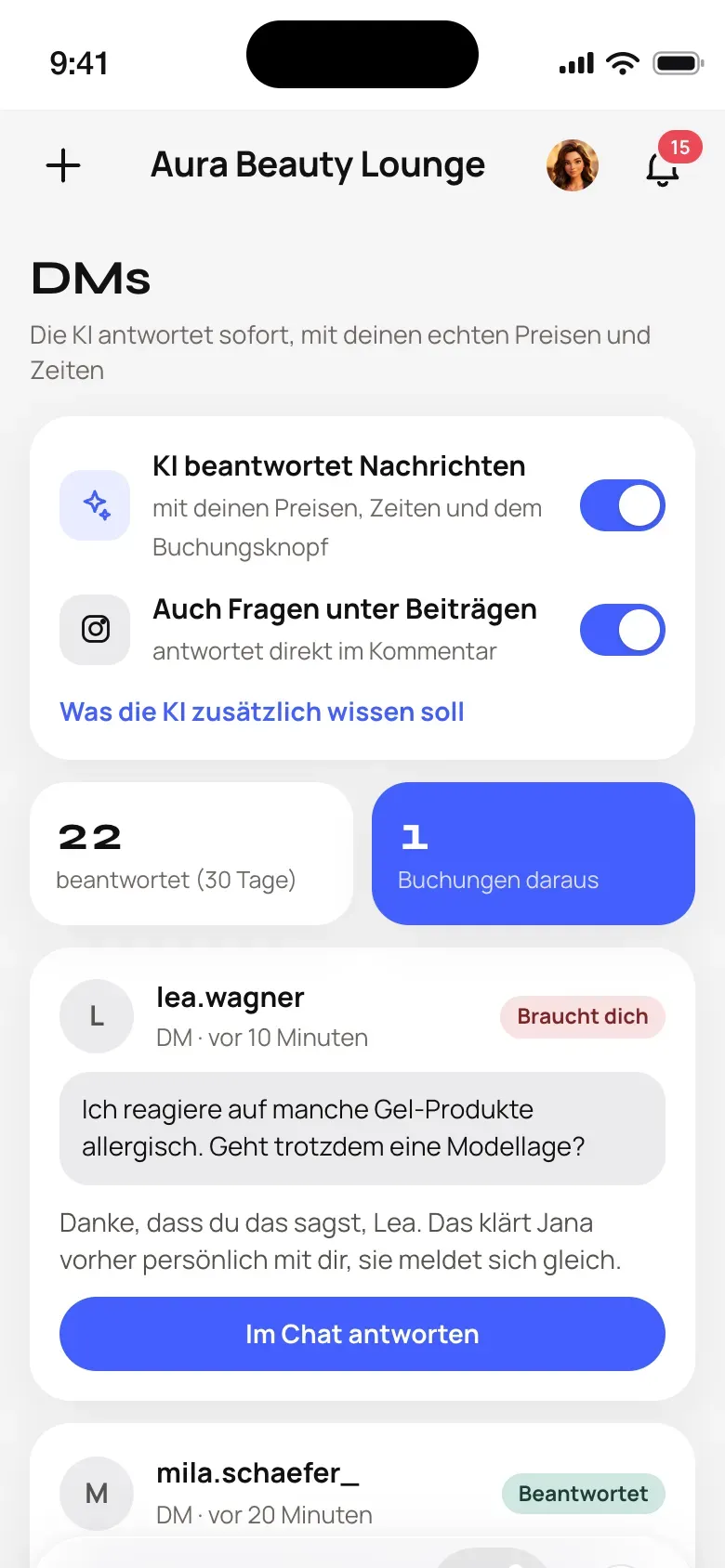 KI-Antworten auf Instagram-DMs in FÉYA Direct