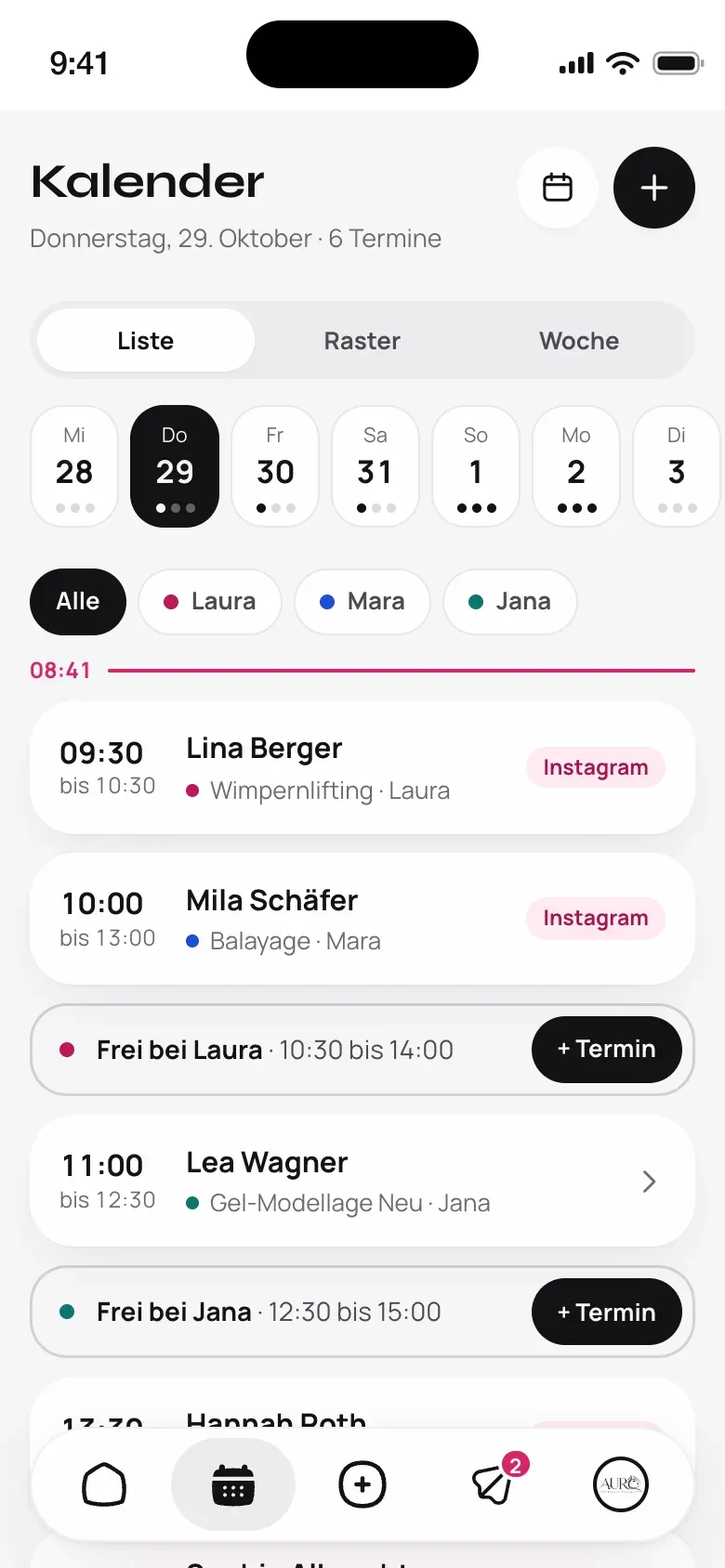 Kalender in FÉYA Direct mit Terminen aus Instagram